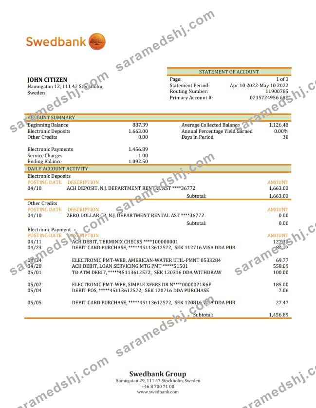 Sweden Swedbank bank statement